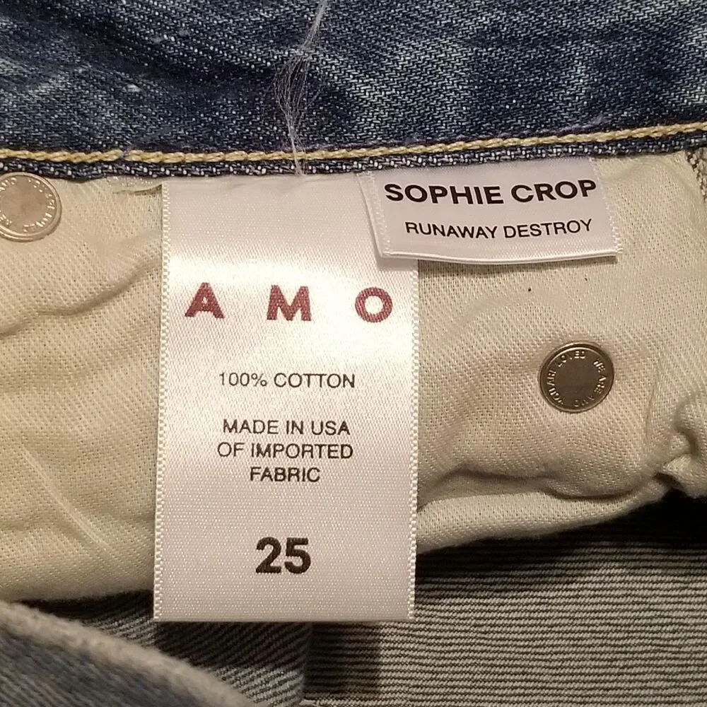 AMO Sophie Crop Jeans Women 25 Runaway Destroy Fray Hem Anthropologie (28x26.5)